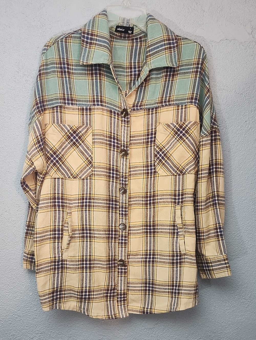 Relaxed Plaid Button-Down Shirt Jacket in Mint & Cream